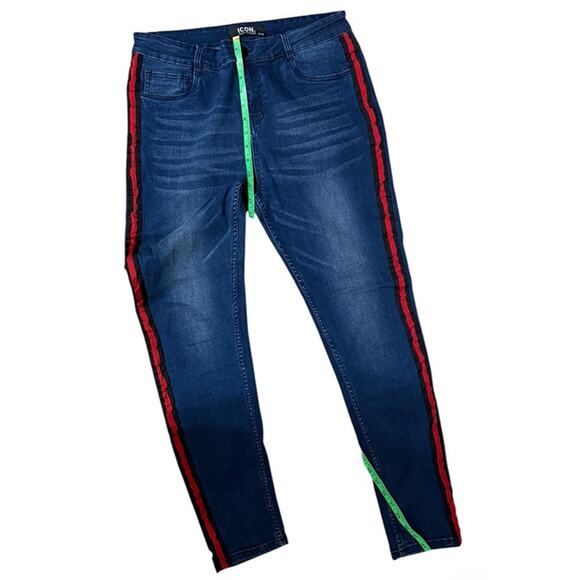 ICON Amsterdam Men Slim Fit Blue Denim Jeans Red & Black Side Stripes 36 - Picture 7 of 8